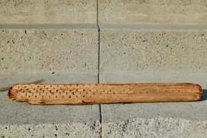 A bit of driftwood with staple holes, along a concrete block.
