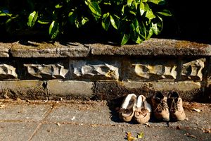 Two pairs of shoes next to each other in front of a stone wall. Green leaves above them. The left shoes are moccasins with fluffy insides, the right a pair of brown walking shoes.